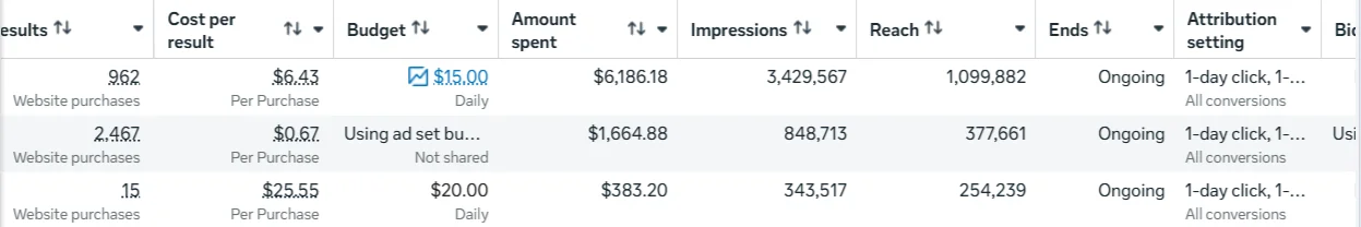 Ads Manager: 2,467 website purchases at $0.67 per purchase, 962 purchases at $6.43