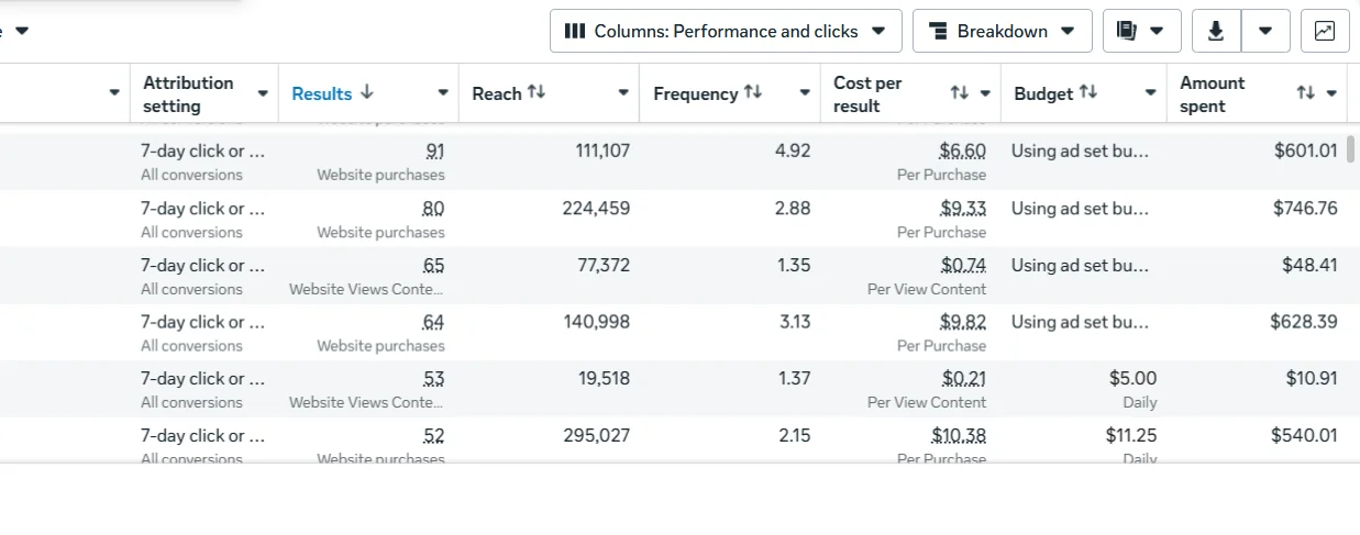 Ads Manager: additional scaling ad sets, website purchases from $6.60 to $10.38, reach up to 295,027